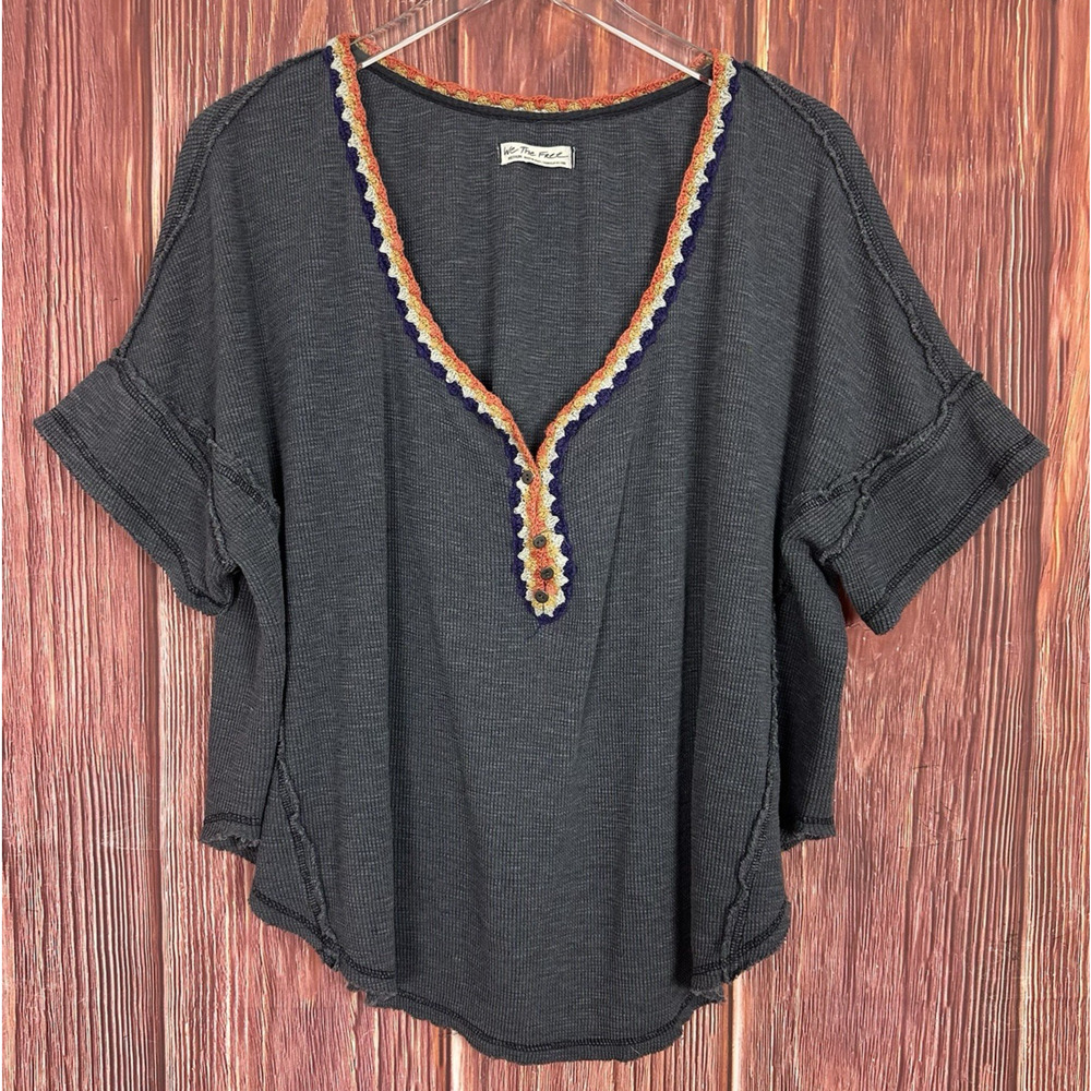 Fp We The Free Oversized Grey Waffle Knit Short Sl;eeve Henley Top Size Medium M
